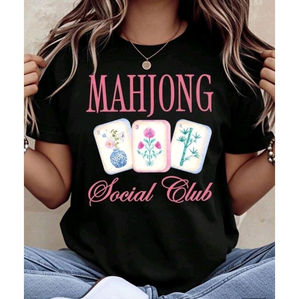 Mahjong Social Club Shirt Womens XL Black Graphic Tee T-Shirt Game Casual